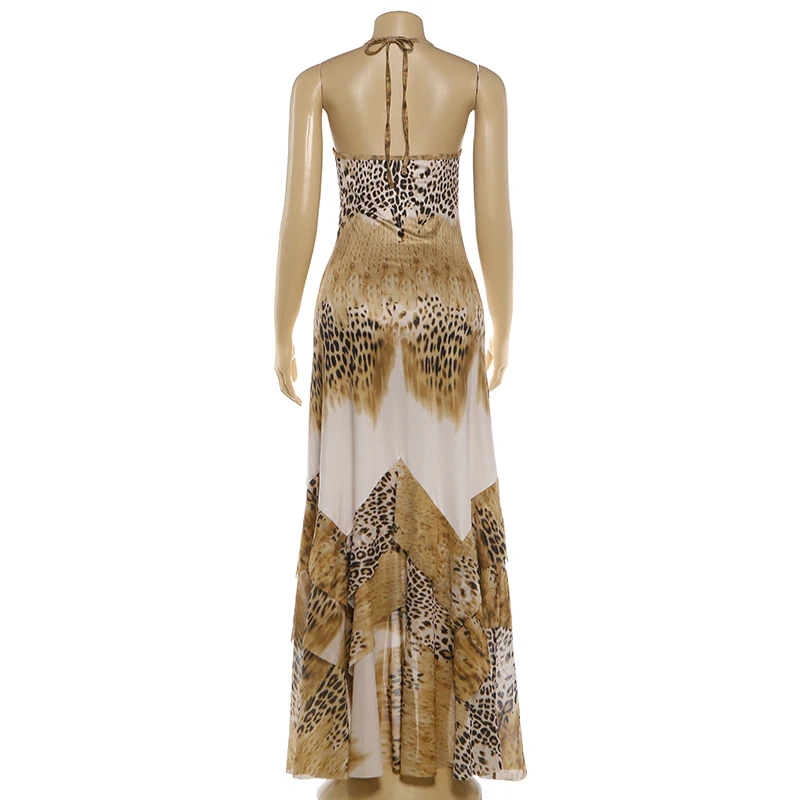 Sisterlinda Woman Long Dress Leopard Print Trend Sexy Fashion Lace-Up Halter Backless Shape Waist Ruffles Hem Elegant Vestidos