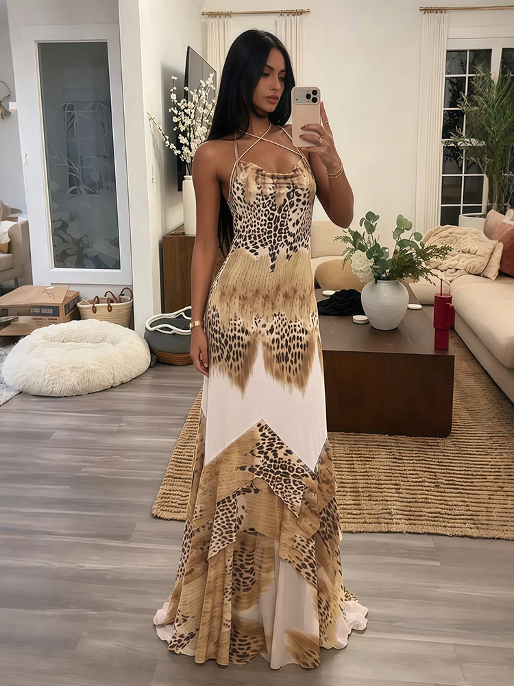 Sisterlinda Woman Long Dress Leopard Print Trend Sexy Fashion Lace-Up Halter Backless Shape Waist Ruffles Hem Elegant Vestidos