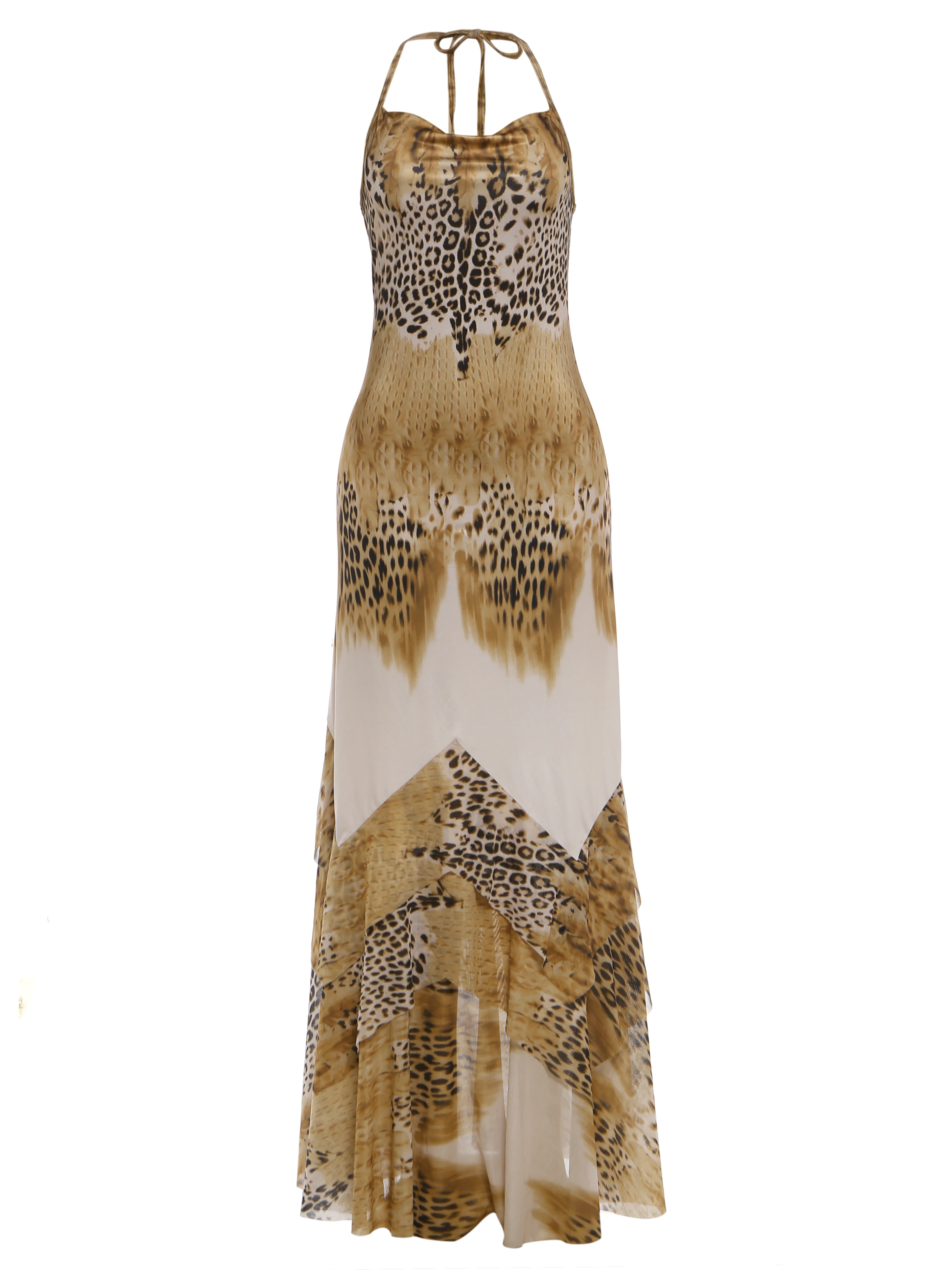 Sisterlinda Woman Long Dress Leopard Print Trend Sexy Fashion Lace-Up Halter Backless Shape Waist Ruffles Hem Elegant Vestidos