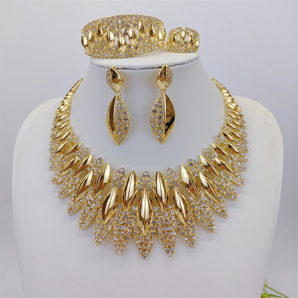 Luxury African Big Necklace For Women Dubai Gold Color Plated Jewelry Set Original Earrings Ring Bracelet Wedding Costumes Set