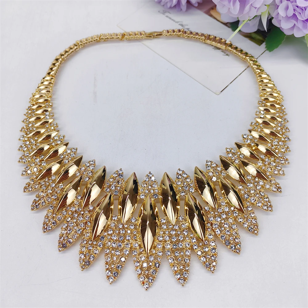 Luxury African Big Necklace For Women Dubai Gold Color Plated Jewelry Set Original Earrings Ring Bracelet Wedding Costumes Set