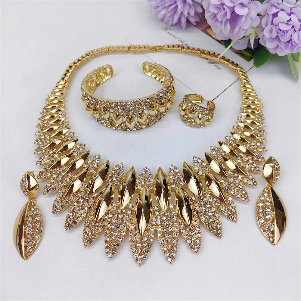Luxury African Big Necklace For Women Dubai Gold Color Plated Jewelry Set Original Earrings Ring Bracelet Wedding Costumes Set