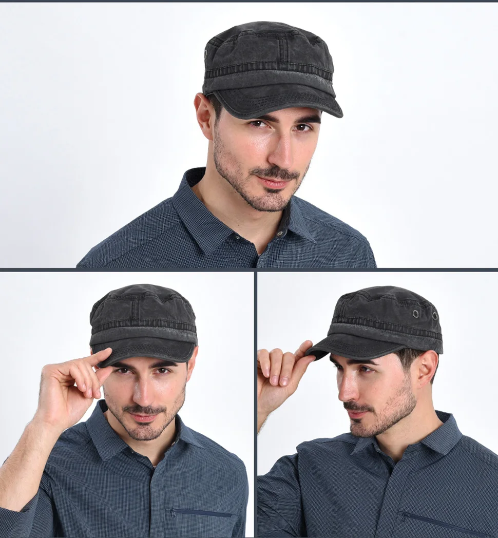Military Cap Men Washed Cotton Fashion Design Flat Baseball Cap Top Army Hat with Air Hole Adjustable