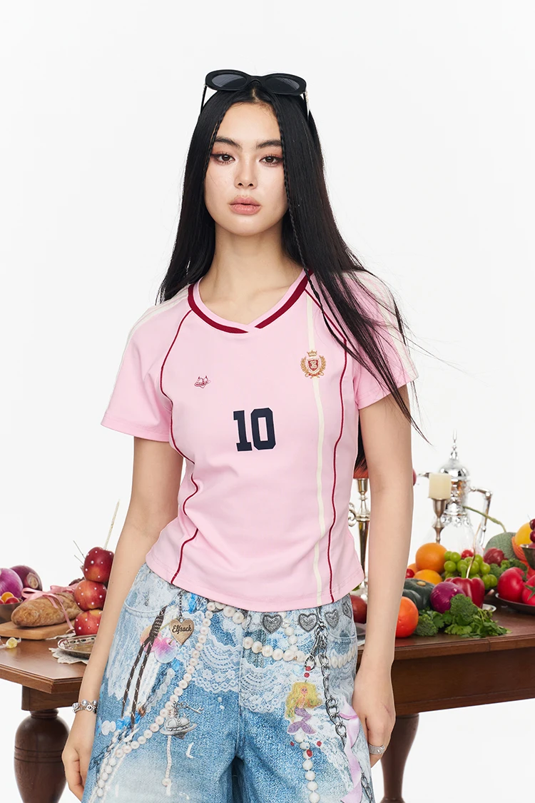 ELFSACK Assorted Jersey Style T-shirts, Sporty Number Print Tees, Slim V-neck Short Sleeve Tops for Women