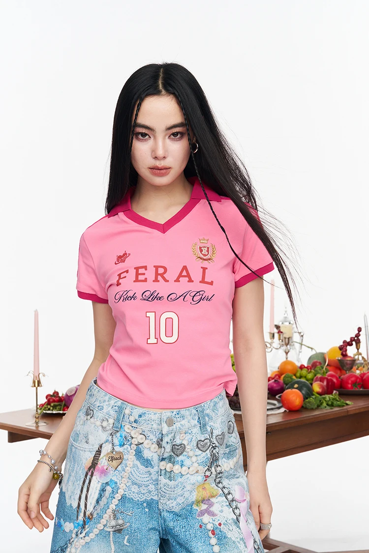 ELFSACK Assorted Jersey Style T-shirts, Sporty Number Print Tees, Slim V-neck Short Sleeve Tops for Women
