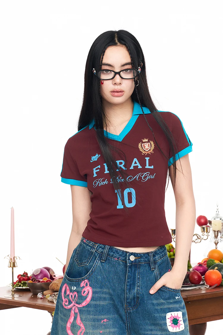 ELFSACK Assorted Jersey Style T-shirts, Sporty Number Print Tees, Slim V-neck Short Sleeve Tops for Women