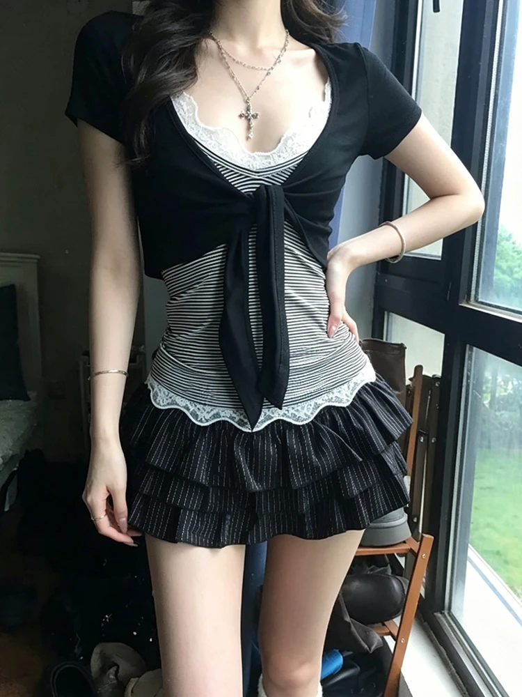 Genayooa Japanese Y2k Two Pieces Tops Women Short Sleeve Slim Lace Up Smock+ Striped Camis Tops Korean Style T-shirts Fairycore