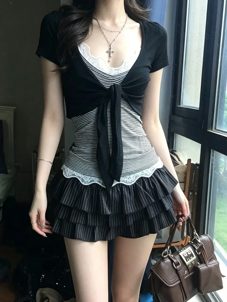 Genayooa Japanese Y2k Two Pieces Tops Women Short Sleeve Slim Lace Up Smock+ Striped Camis Tops Korean Style T-shirts Fairycore