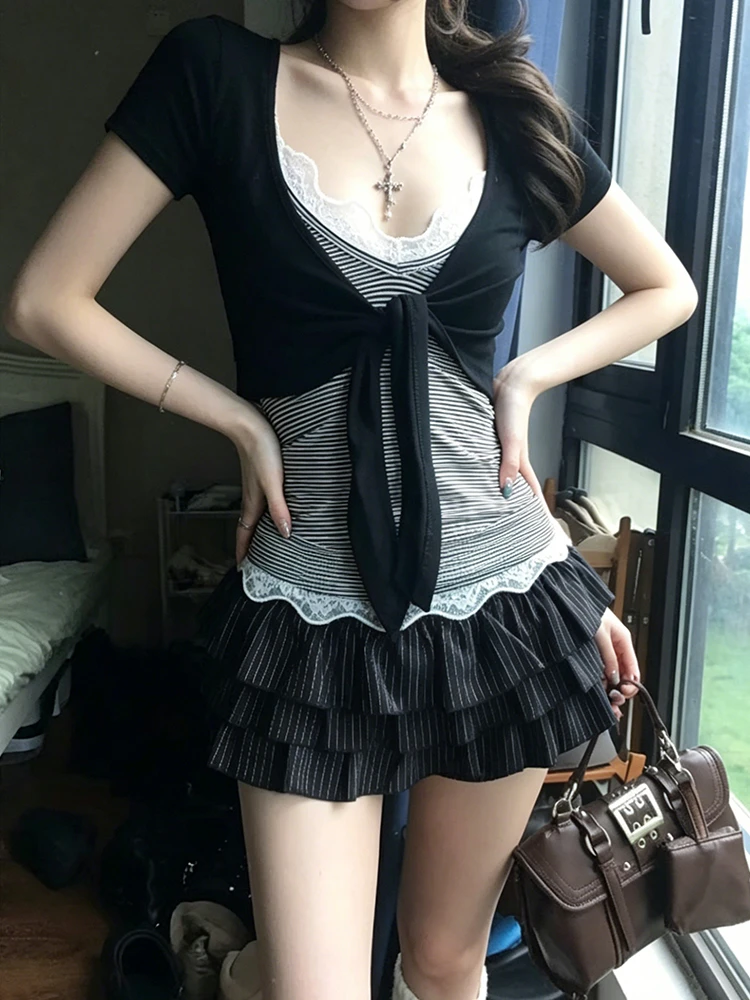 Genayooa Japanese Y2k Two Pieces Tops Women Short Sleeve Slim Lace Up Smock+ Striped Camis Tops Korean Style T-shirts Fairycore
