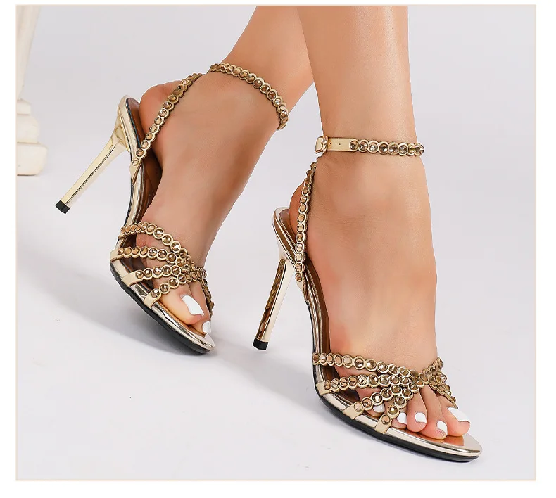 Luxury Crystal Cross Tied High Heel Sandals Women Sexy Open-toe Ankle Strap Buckle Stiletto Sandals Elegant Banquet Dress Shoes
