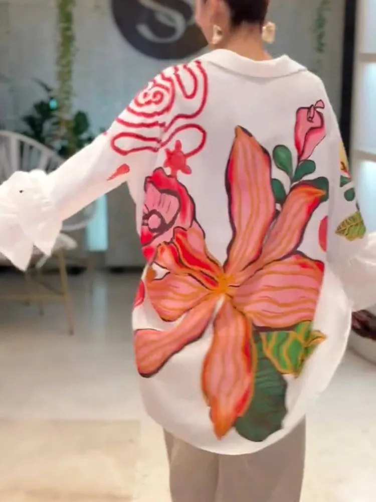 Yeezzi Women's Elegant Large Floral Printed High-Low Lapel Blouse 2026 Flared Sleeves Oversized Casual Office Party White Shirt
