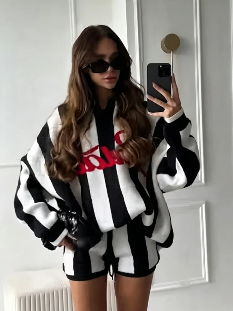 Women 2 Piece Striped Knit Loungewear Oversized V Neck Letter Embroidery Sweater Shorts Casual Matching Set Tracksuit Streetwear