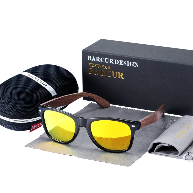 BARCUR High Quality Black Walnut Sunglasses Anti-Reflecti Men Women Mirror Sun Glasses Male UV400 Wooden Sunglass Shades Oculos
