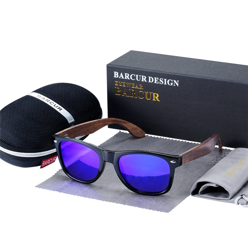 BARCUR High Quality Black Walnut Sunglasses Anti-Reflecti Men Women Mirror Sun Glasses Male UV400 Wooden Sunglass Shades Oculos