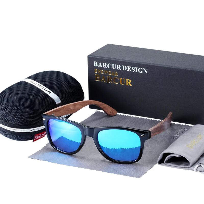 BARCUR High Quality Black Walnut Sunglasses Anti-Reflecti Men Women Mirror Sun Glasses Male UV400 Wooden Sunglass Shades Oculos