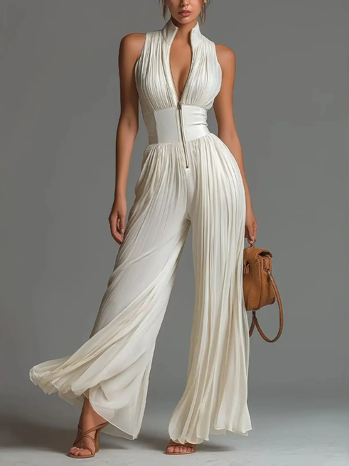 2026 Elegant Stand Collar Zipper Pleated Jumpsuit Women's Solid High Waist Wide Leg Romper Summer Sleeveless Vacation Overalls