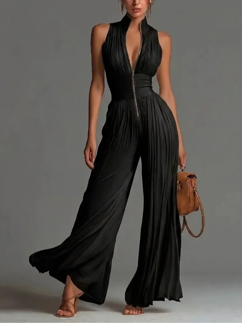 2026 Elegant Stand Collar Zipper Pleated Jumpsuit Women's Solid High Waist Wide Leg Romper Summer Sleeveless Vacation Overalls