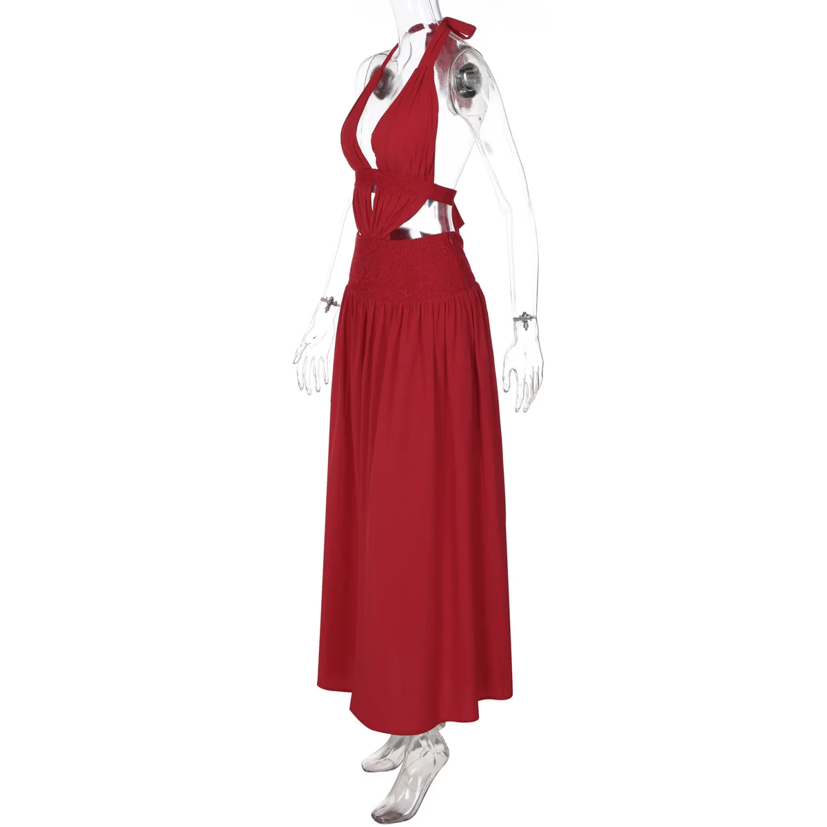 Sexy Red Deep V Neck Halter Maxi Dress Women Backless Hollow Pleated Slim Long Dress 2026 Trendy Elegant Club Evening Party Robe