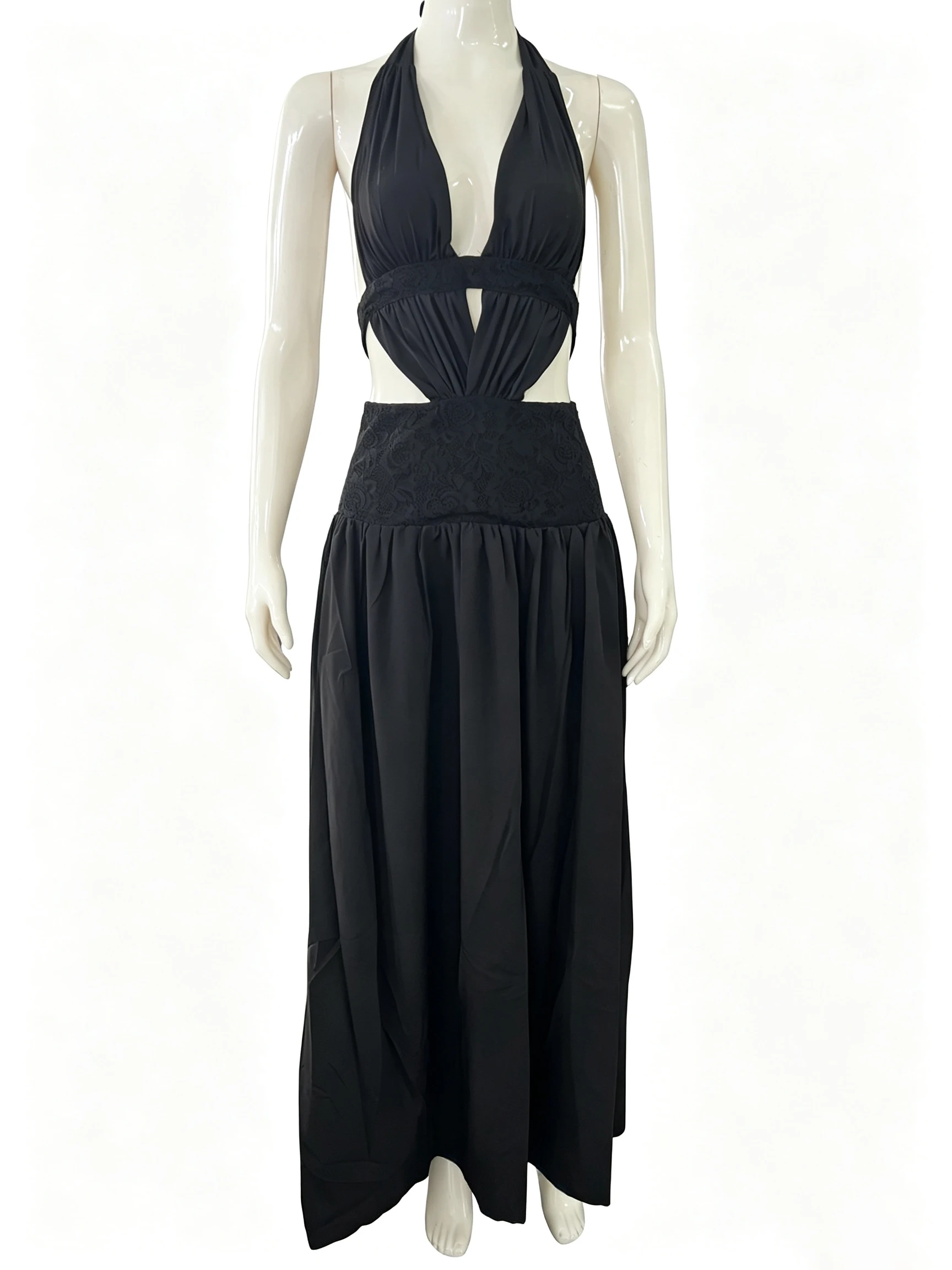 Sexy Red Deep V Neck Halter Maxi Dress Women Backless Hollow Pleated Slim Long Dress 2026 Trendy Elegant Club Evening Party Robe