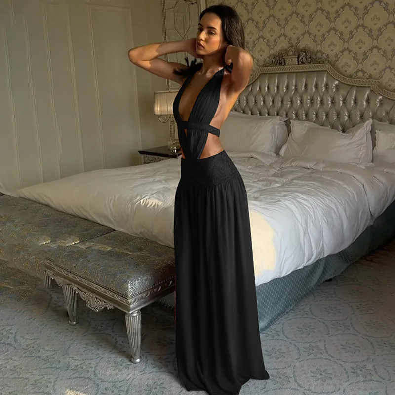 Sexy Red Deep V Neck Halter Maxi Dress Women Backless Hollow Pleated Slim Long Dress 2026 Trendy Elegant Club Evening Party Robe