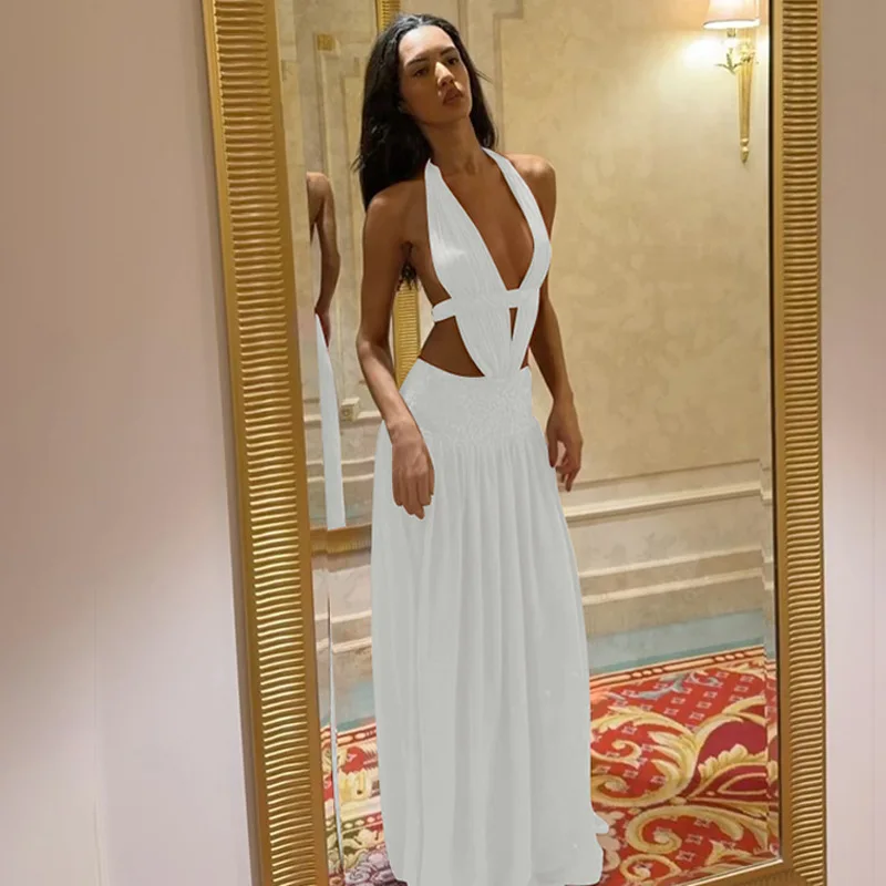 Sexy Red Deep V Neck Halter Maxi Dress Women Backless Hollow Pleated Slim Long Dress 2026 Trendy Elegant Club Evening Party Robe