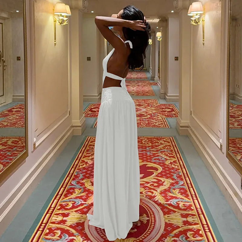 Sexy Red Deep V Neck Halter Maxi Dress Women Backless Hollow Pleated Slim Long Dress 2026 Trendy Elegant Club Evening Party Robe
