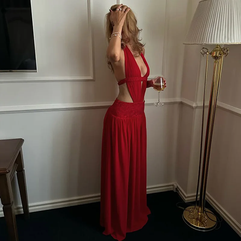 Sexy Red Deep V Neck Halter Maxi Dress Women Backless Hollow Pleated Slim Long Dress 2026 Trendy Elegant Club Evening Party Robe