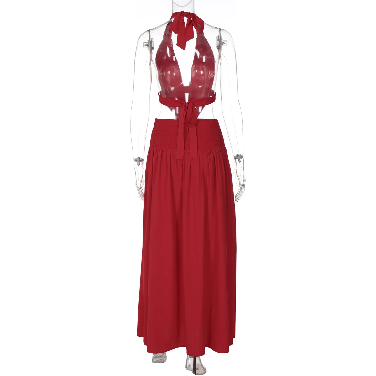 Sexy Red Deep V Neck Halter Maxi Dress Women Backless Hollow Pleated Slim Long Dress 2026 Trendy Elegant Club Evening Party Robe