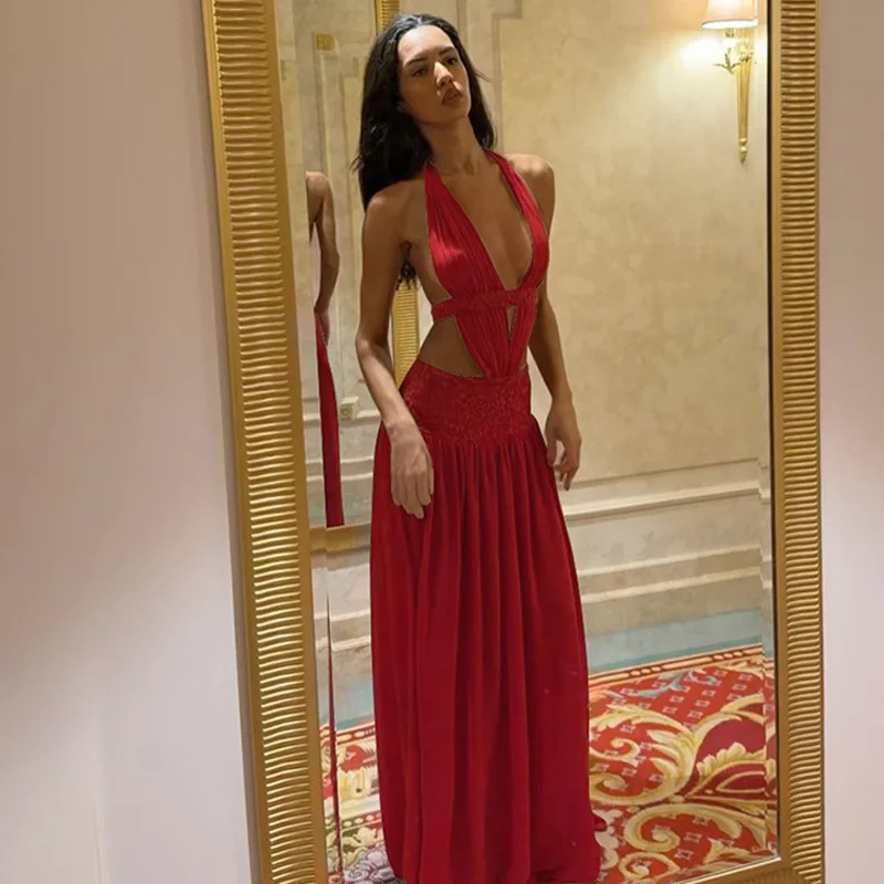 Sexy Red Deep V Neck Halter Maxi Dress Women Backless Hollow Pleated Slim Long Dress 2026 Trendy Elegant Club Evening Party Robe