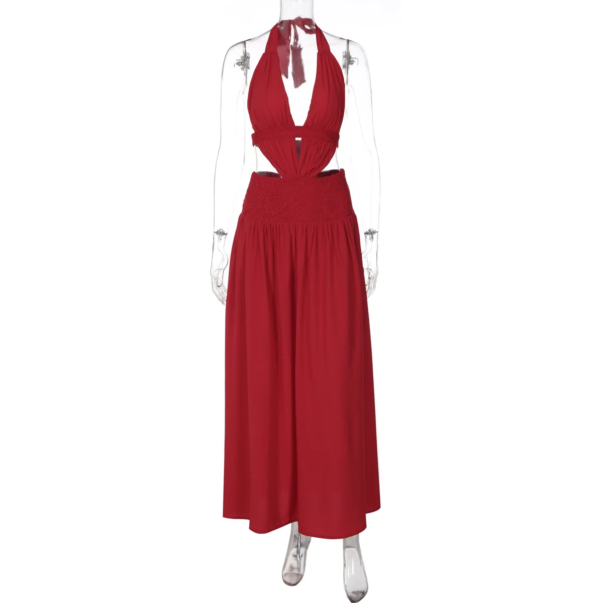 Sexy Red Deep V Neck Halter Maxi Dress Women Backless Hollow Pleated Slim Long Dress 2026 Trendy Elegant Club Evening Party Robe