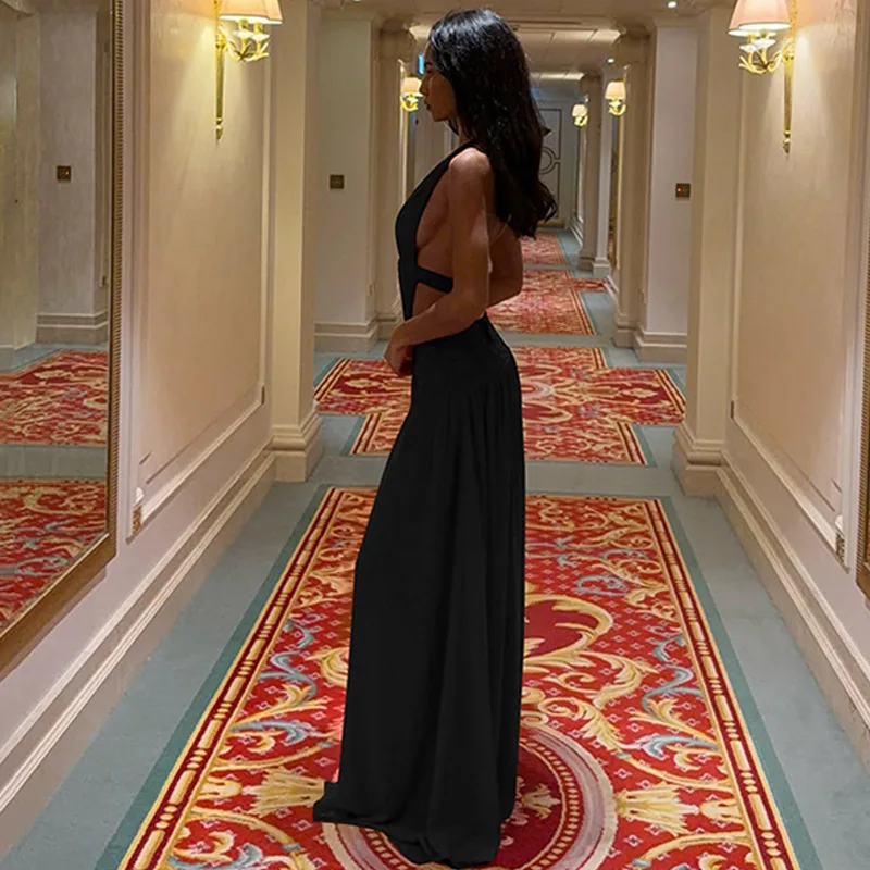 Sexy Red Deep V Neck Halter Maxi Dress Women Backless Hollow Pleated Slim Long Dress 2026 Trendy Elegant Club Evening Party Robe