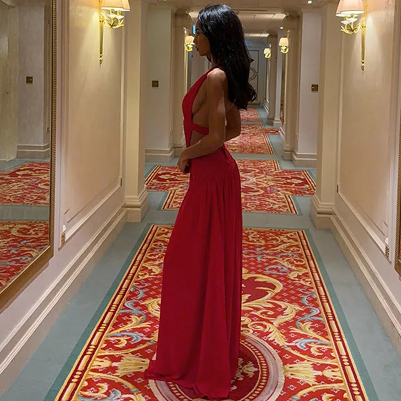 Sexy Red Deep V Neck Halter Maxi Dress Women Backless Hollow Pleated Slim Long Dress 2026 Trendy Elegant Club Evening Party Robe