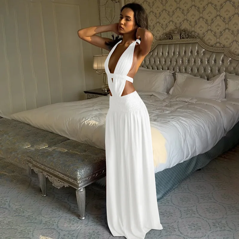Sexy Red Deep V Neck Halter Maxi Dress Women Backless Hollow Pleated Slim Long Dress 2026 Trendy Elegant Club Evening Party Robe