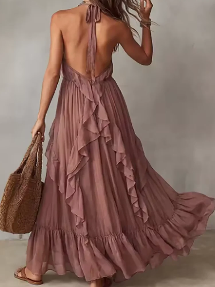 Halter Backless Summer Elegant Party Dress Women Sleeveless Ruffles Patchwork Maxi Dress Chic Solid Holiday Fashion Ladies Dress