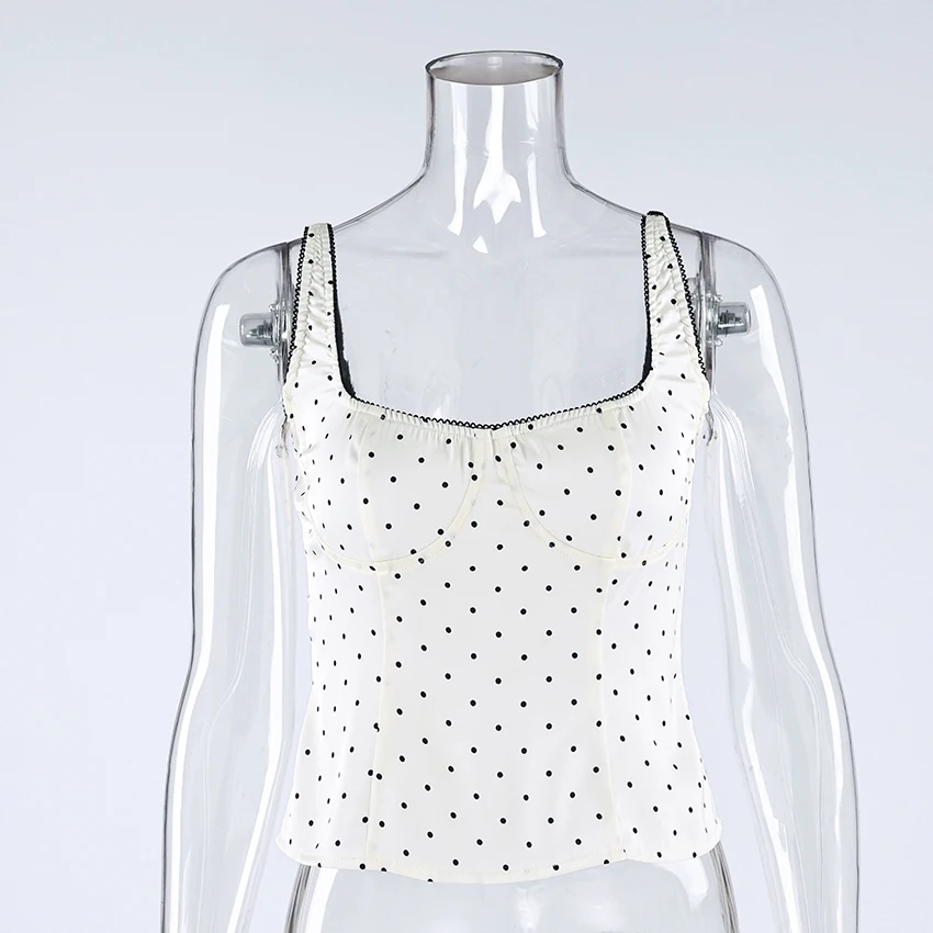 Linad Sexy Backless Polka Dot Tank Top Elegant Satin Spaghetti Strap Lace Camis Street Chic Sleeveless Vest Female 2025 Summer