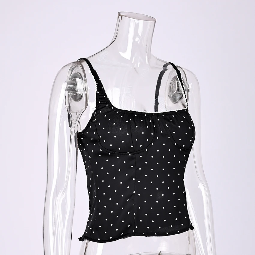 Linad Sexy Backless Polka Dot Tank Top Elegant Satin Spaghetti Strap Lace Camis Street Chic Sleeveless Vest Female 2025 Summer