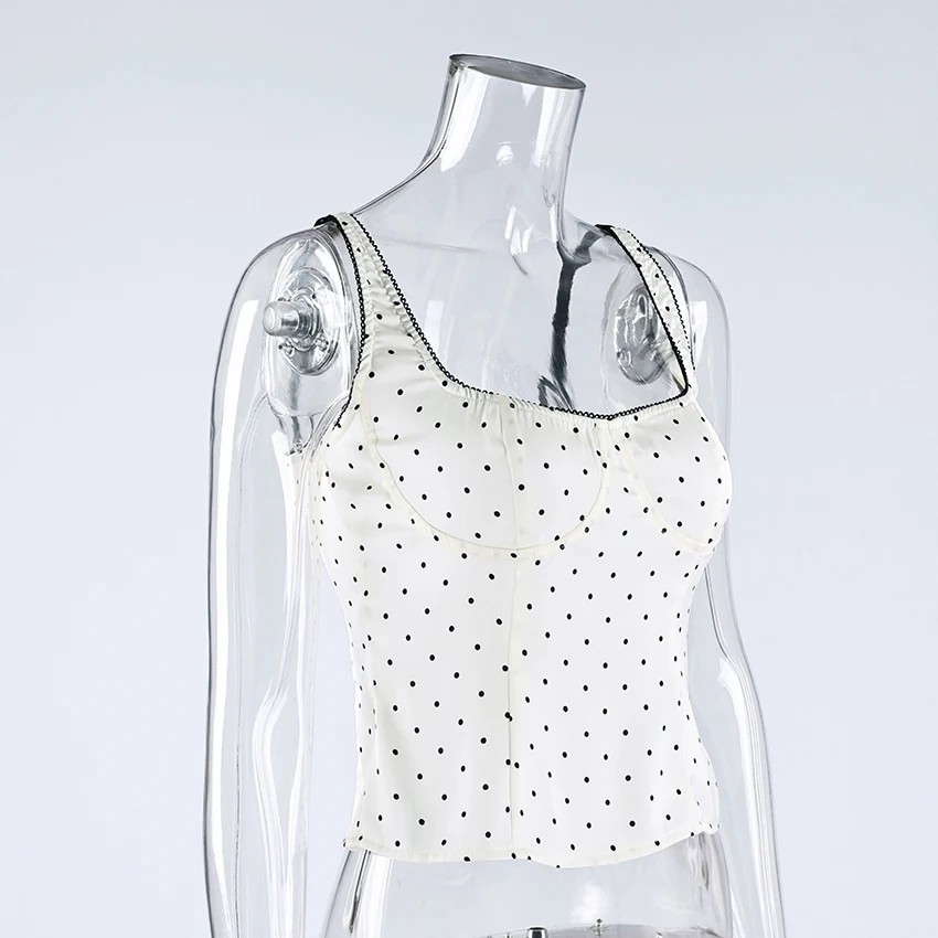 Linad Sexy Backless Polka Dot Tank Top Elegant Satin Spaghetti Strap Lace Camis Street Chic Sleeveless Vest Female 2025 Summer