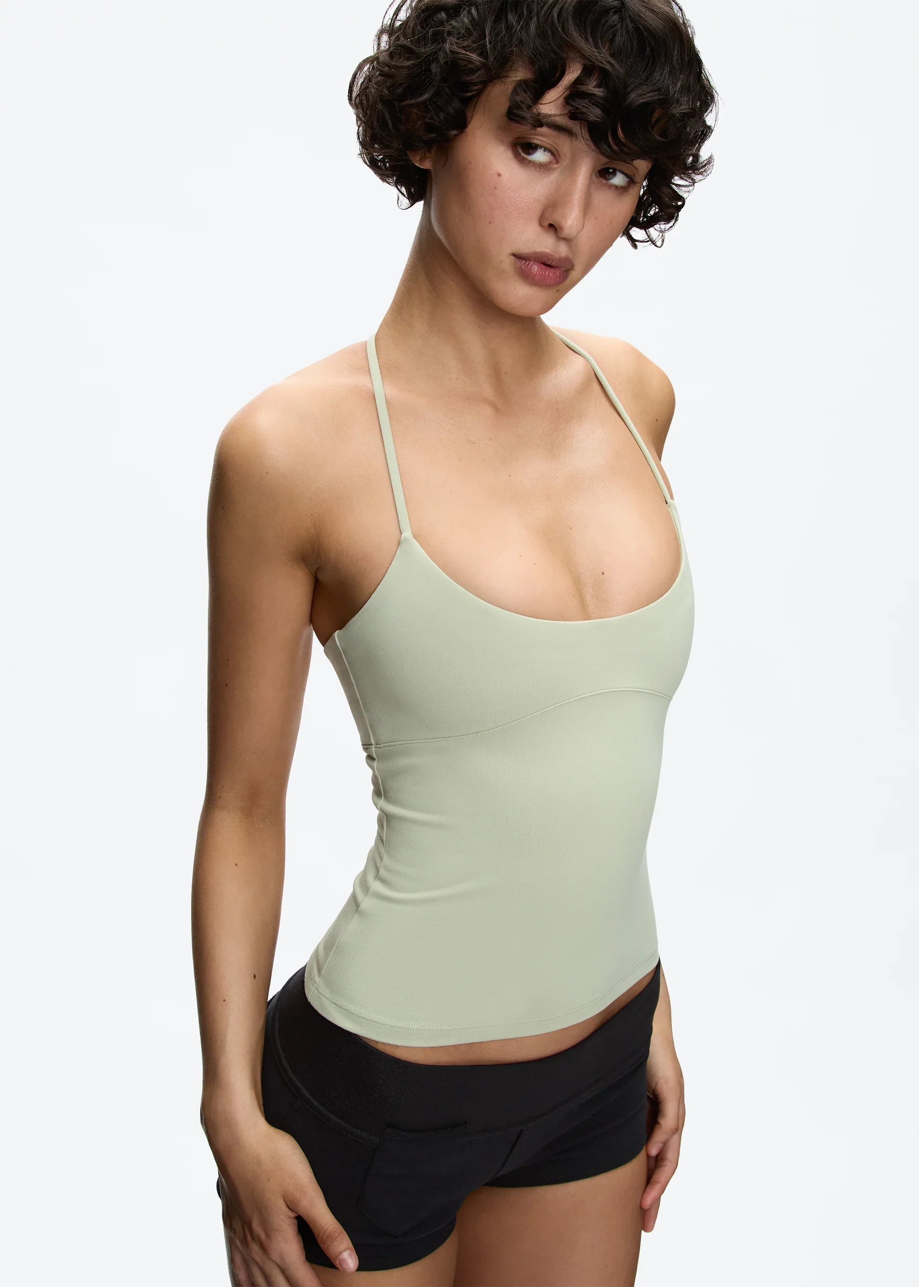 Tank Cross-Back Halter Top, Tailored Waist-Cinching Camisole, U-Neck Halter Tank Top, Metal Embellished Slim-Fit Top for Layering or Wearing Alone