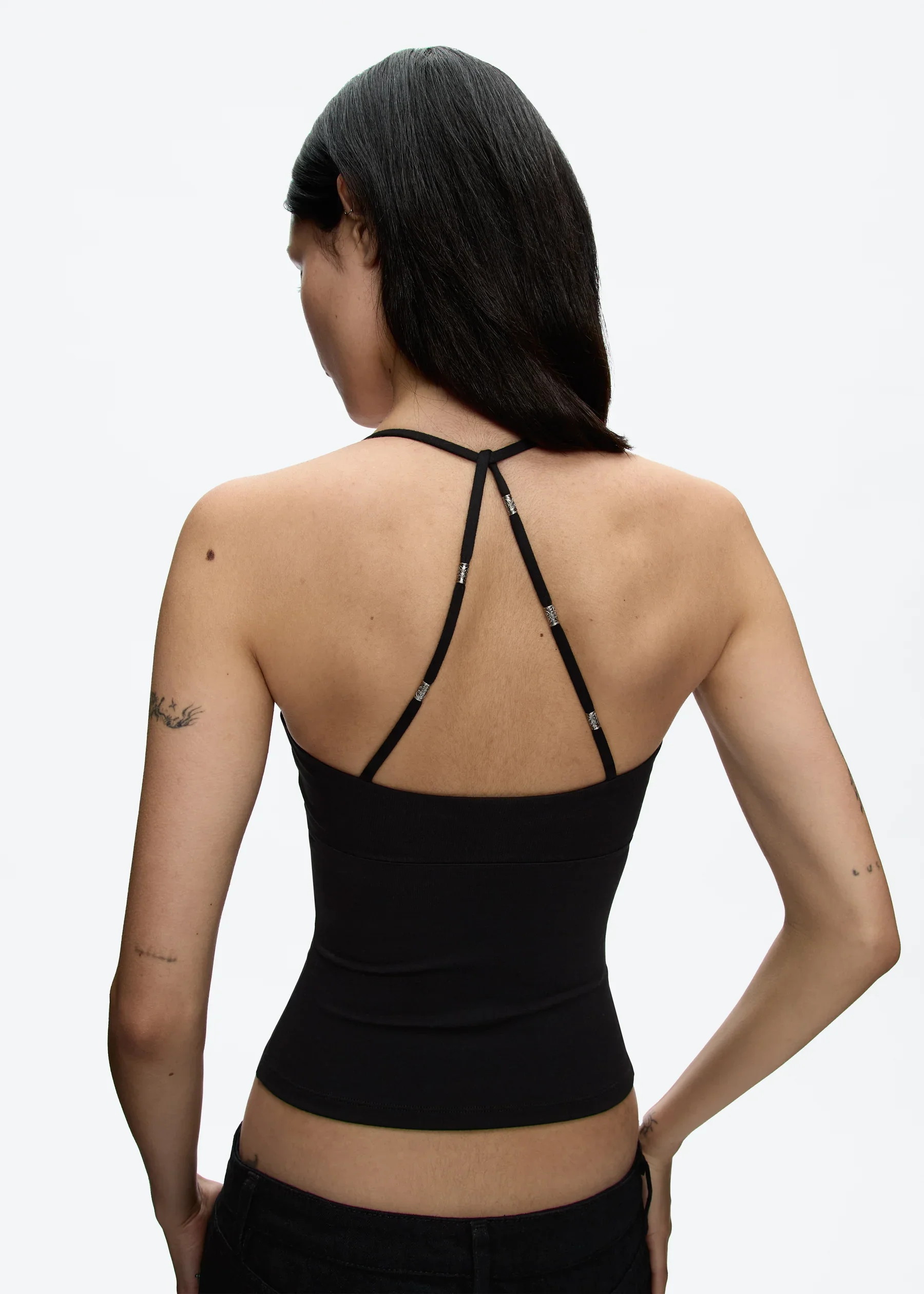 Tank Cross-Back Halter Top, Tailored Waist-Cinching Camisole, U-Neck Halter Tank Top, Metal Embellished Slim-Fit Top for Layering or Wearing Alone