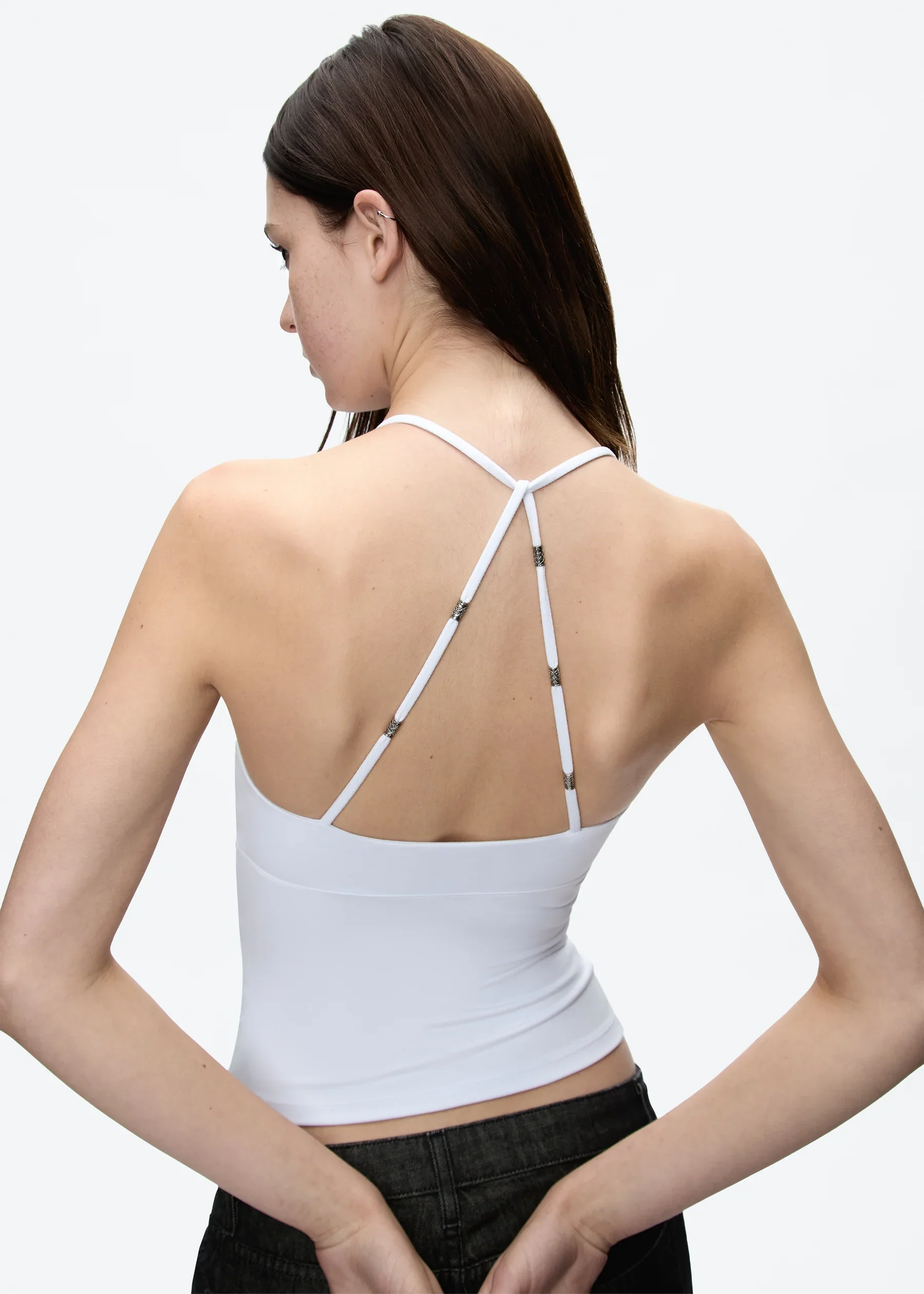 Tank Cross-Back Halter Top, Tailored Waist-Cinching Camisole, U-Neck Halter Tank Top, Metal Embellished Slim-Fit Top for Layering or Wearing Alone