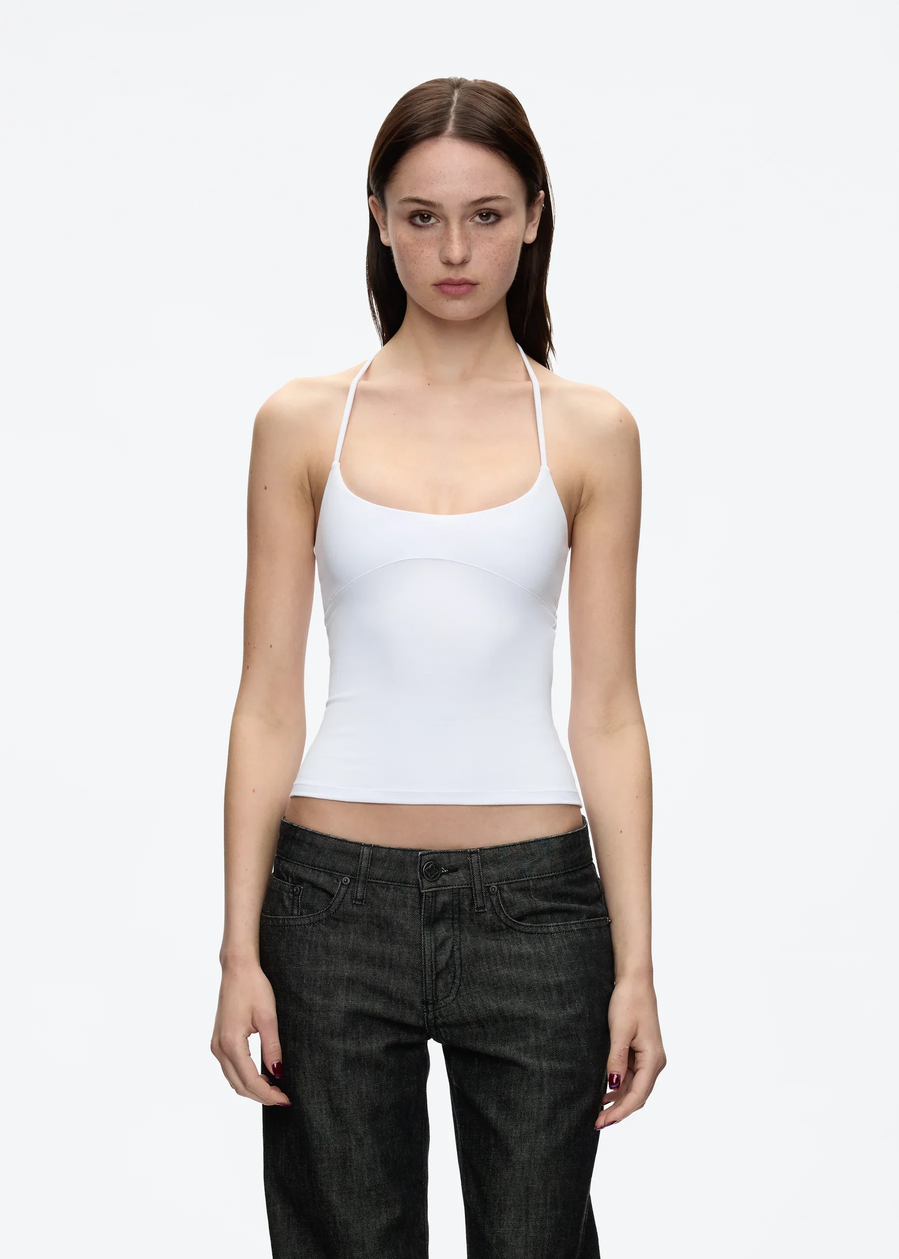 Tank Cross-Back Halter Top, Tailored Waist-Cinching Camisole, U-Neck Halter Tank Top, Metal Embellished Slim-Fit Top for Layering or Wearing Alone