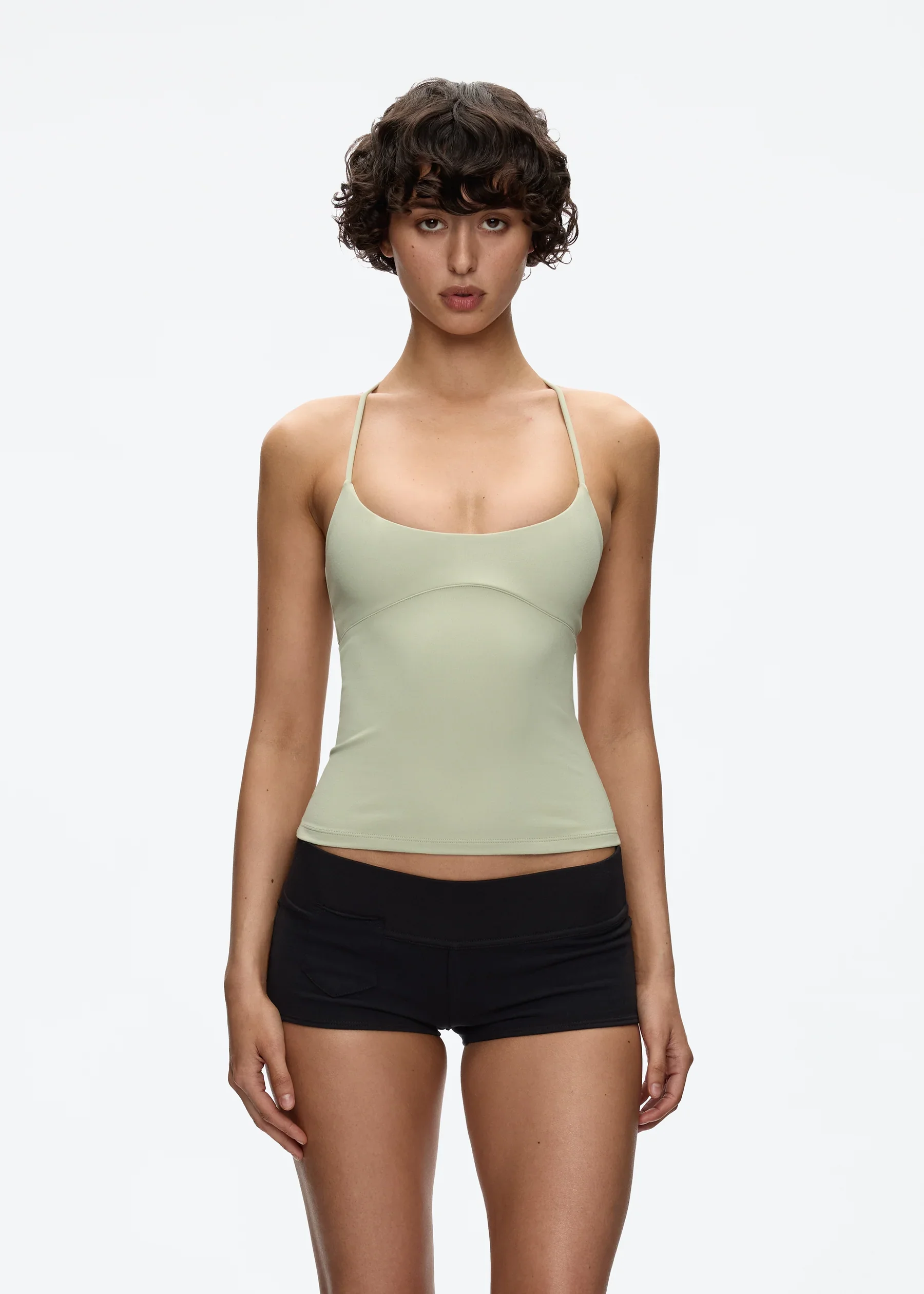Tank Cross-Back Halter Top, Tailored Waist-Cinching Camisole, U-Neck Halter Tank Top, Metal Embellished Slim-Fit Top for Layering or Wearing Alone
