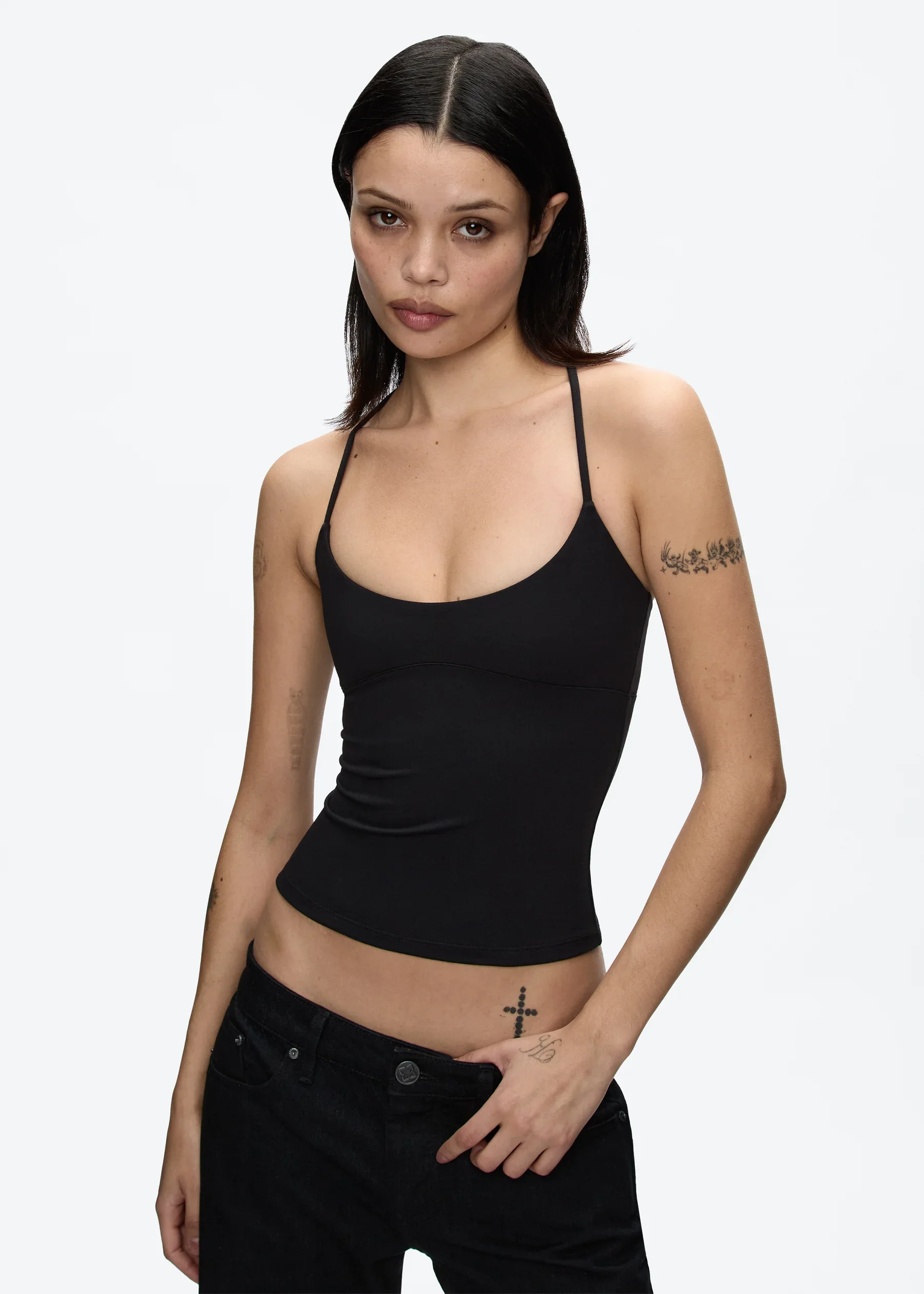 Tank Cross-Back Halter Top, Tailored Waist-Cinching Camisole, U-Neck Halter Tank Top, Metal Embellished Slim-Fit Top for Layering or Wearing Alone