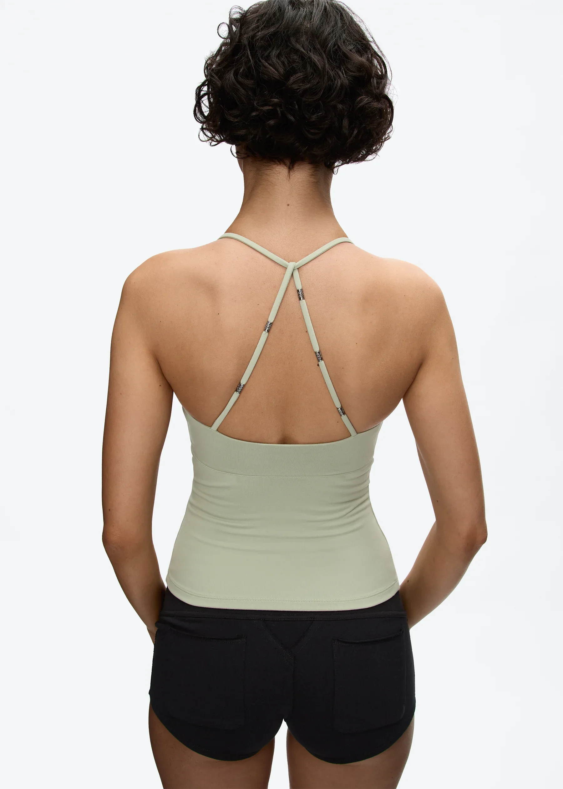 Tank Cross-Back Halter Top, Tailored Waist-Cinching Camisole, U-Neck Halter Tank Top, Metal Embellished Slim-Fit Top for Layering or Wearing Alone