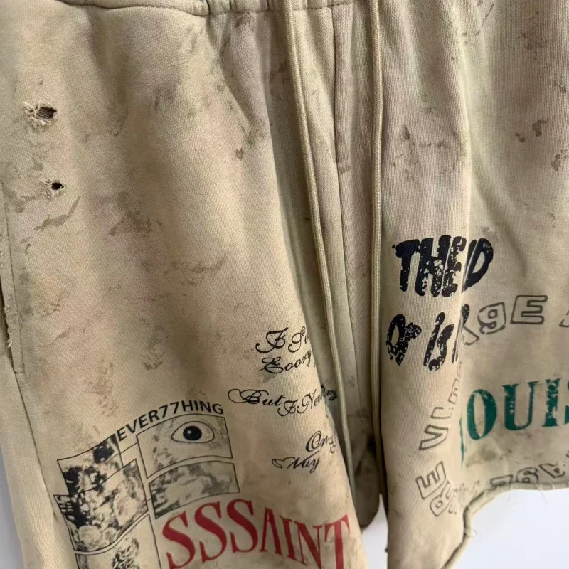 Y2K Grunge Sweat Shorts Men Vintage Washed Graphic Print Loose Fit Streetwear Casual Shorts