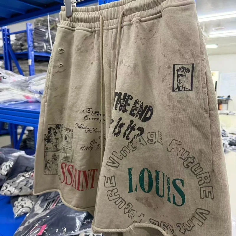 Y2K Grunge Sweat Shorts Men Vintage Washed Graphic Print Loose Fit Streetwear Casual Shorts
