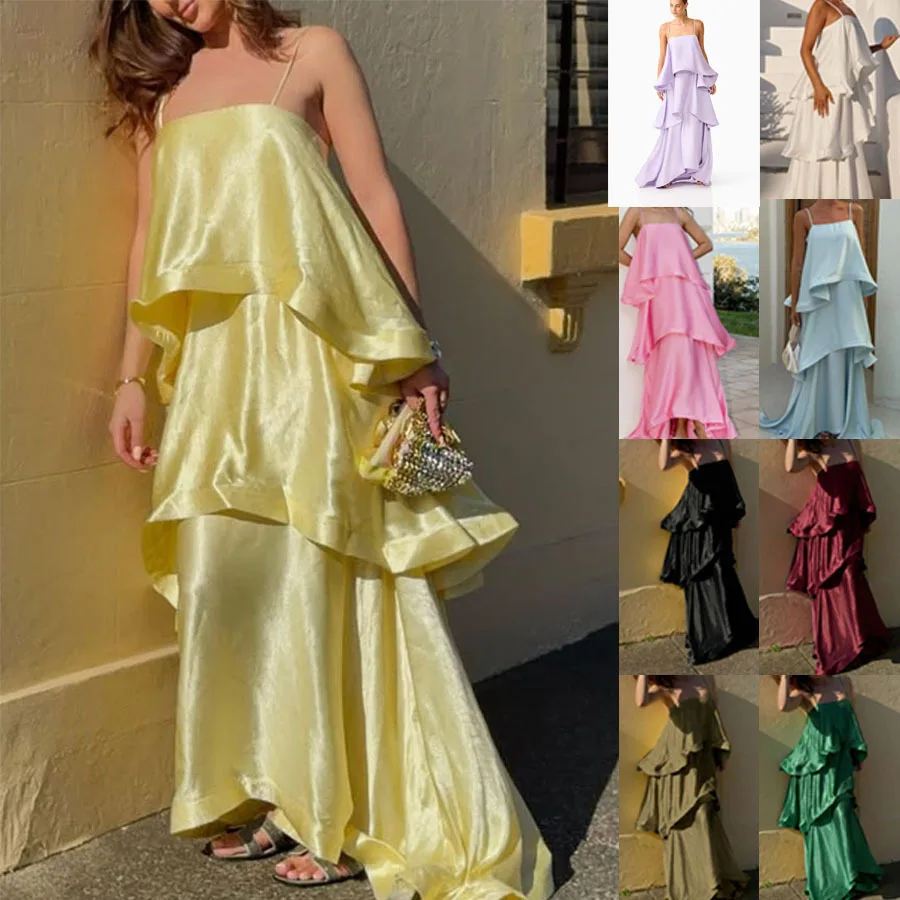 SUMMER NEW WOMEN'S ADJUSTABLE SLIP DRESS, SOLID COLOR ELEGANT LARGE SWING RUFFLE DESIGN, SATIN SLIP VACATION STYLE DRESS