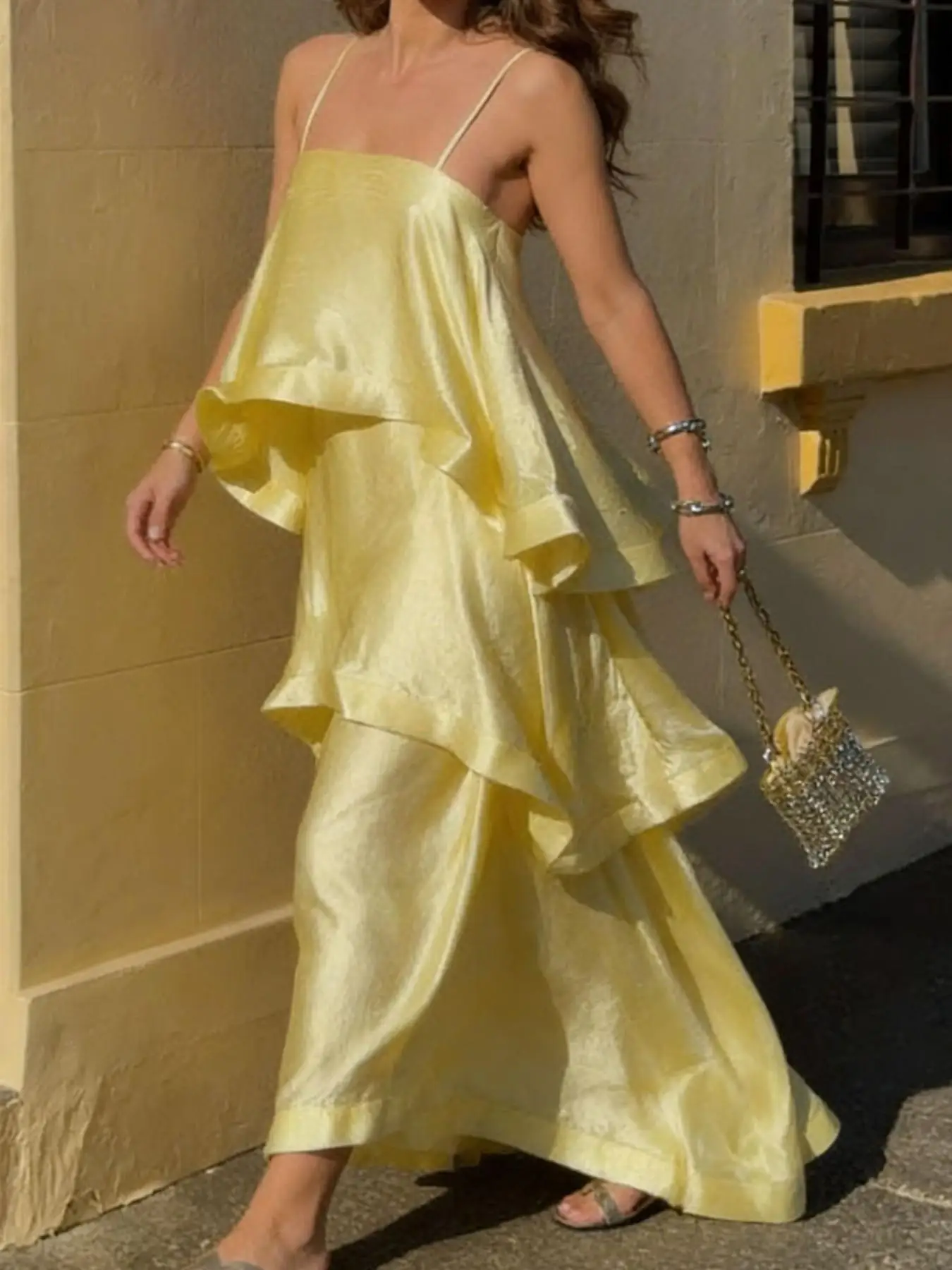 SUMMER NEW WOMEN'S ADJUSTABLE SLIP DRESS, SOLID COLOR ELEGANT LARGE SWING RUFFLE DESIGN, SATIN SLIP VACATION STYLE DRESS