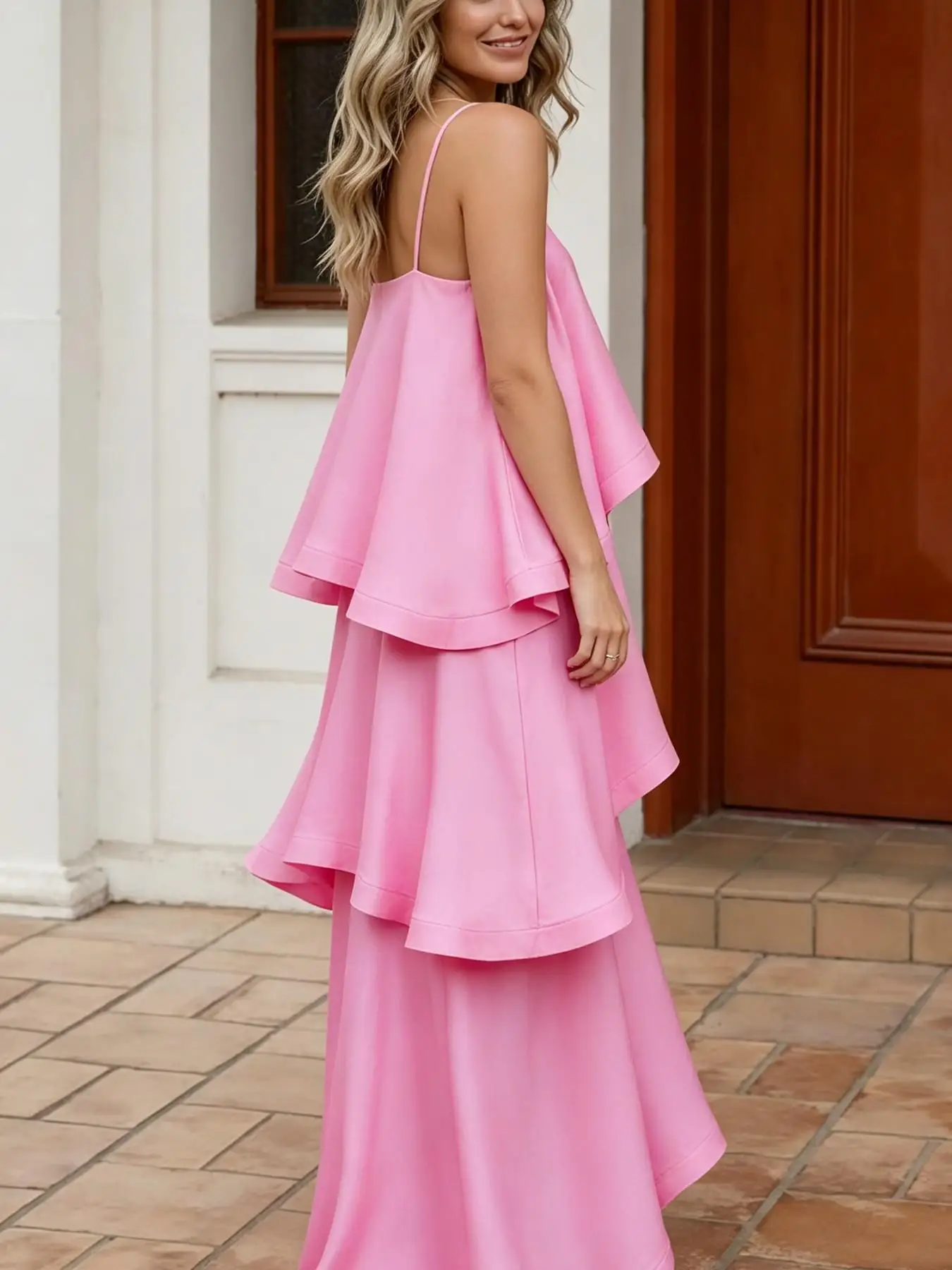 SUMMER NEW WOMEN'S ADJUSTABLE SLIP DRESS, SOLID COLOR ELEGANT LARGE SWING RUFFLE DESIGN, SATIN SLIP VACATION STYLE DRESS