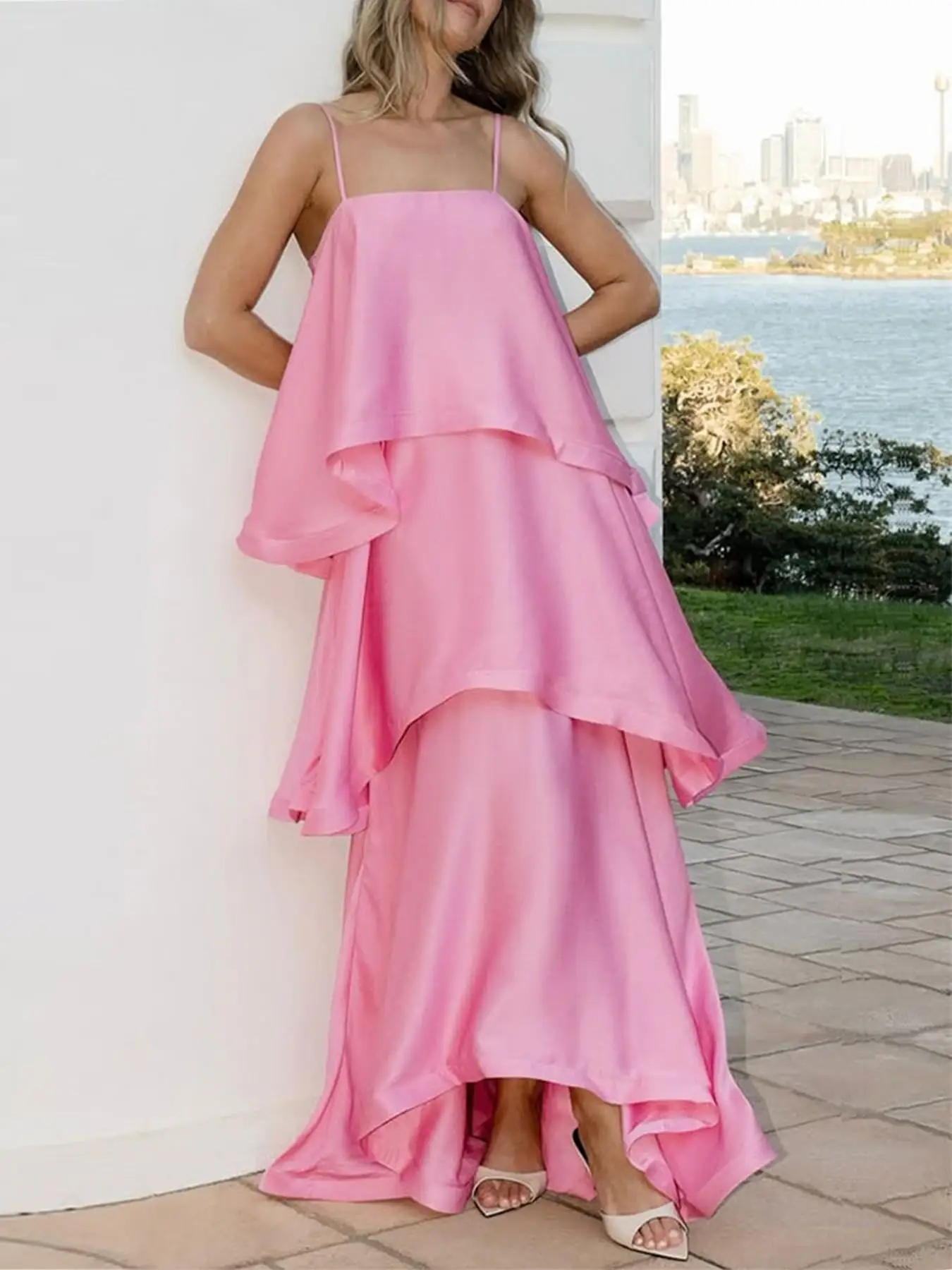 SUMMER NEW WOMEN'S ADJUSTABLE SLIP DRESS, SOLID COLOR ELEGANT LARGE SWING RUFFLE DESIGN, SATIN SLIP VACATION STYLE DRESS